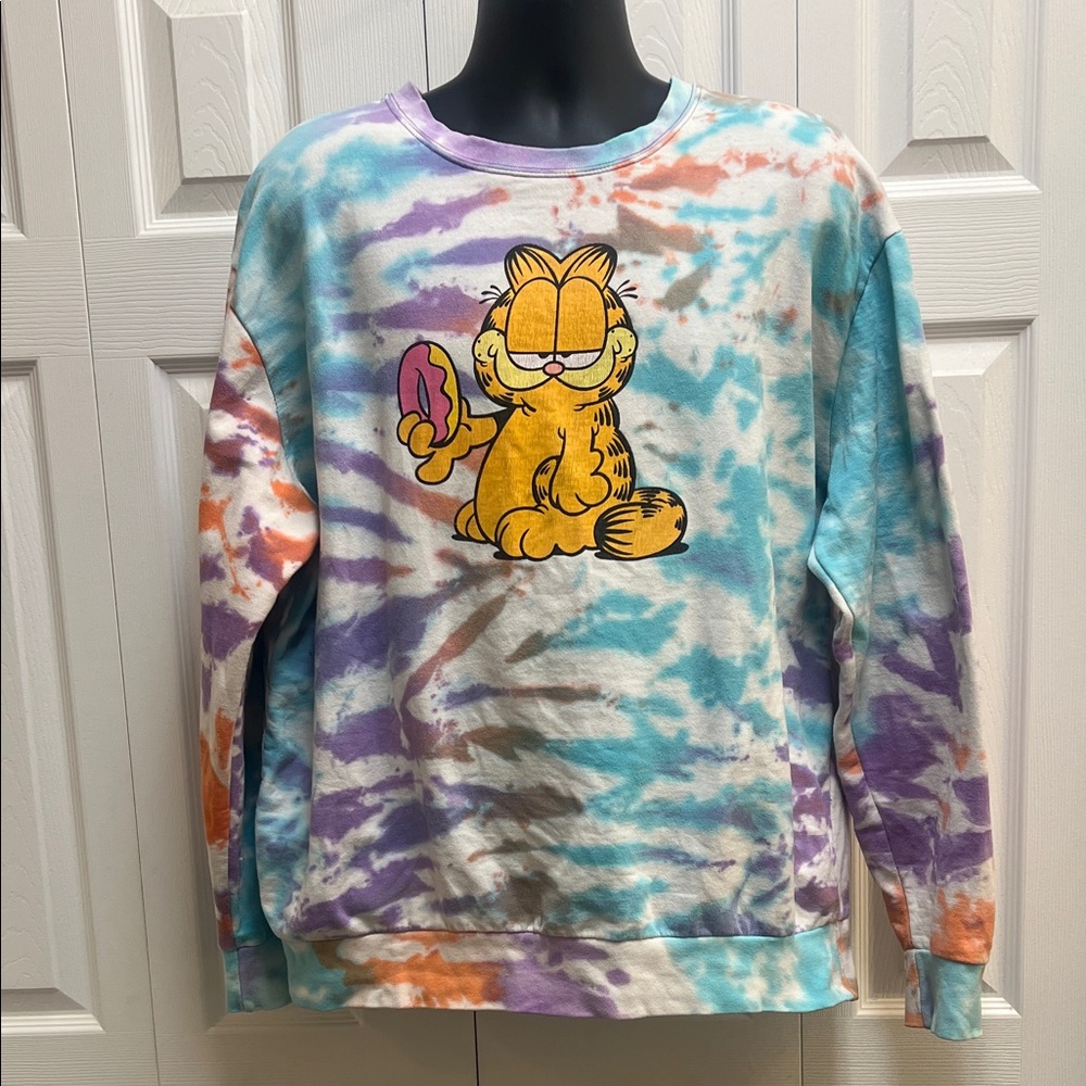 Vibrant Tie-Dye Garfield Women's Sweatshirt "I Donut Care" Large - Picture 1 of 14